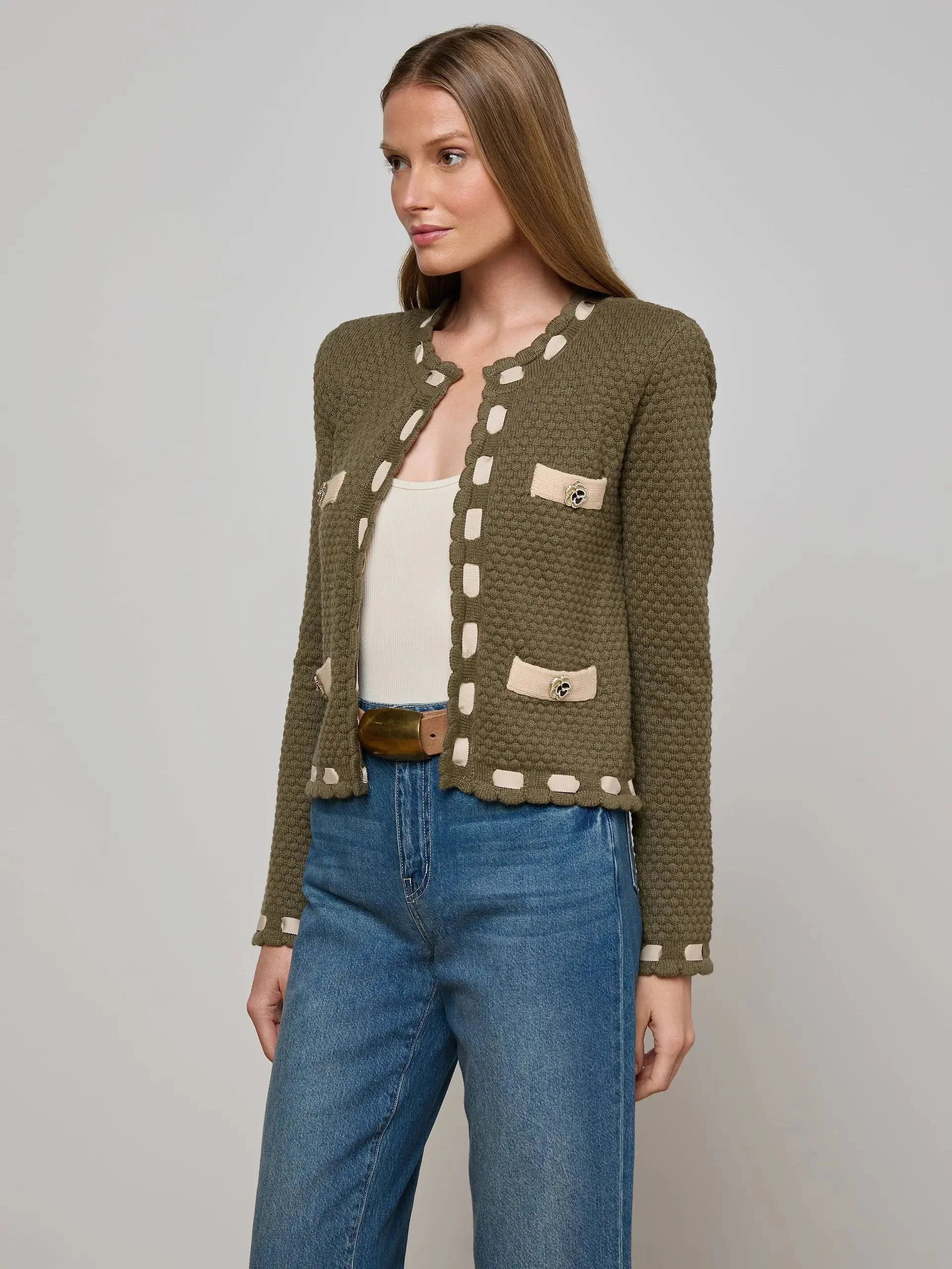 Astor Contrast Trim Cardigan Army/Biscuit