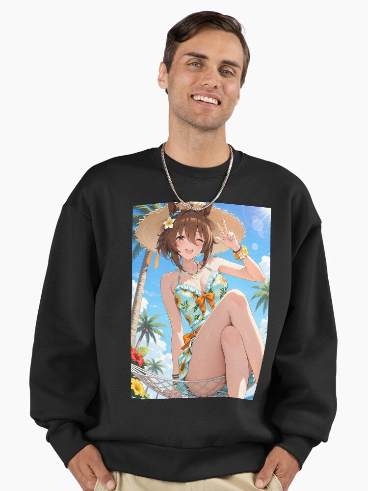 Agnes Tachyon Summer Vibes Sweatshirt, Tropical Beach Anime Design Black