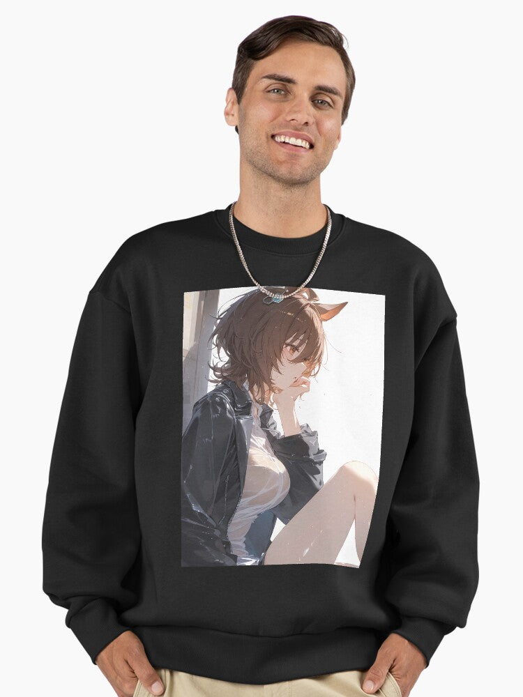 Agnes Tachyon Rain Reflection Sweatshirt, Moody Anime Girl Graphic Black