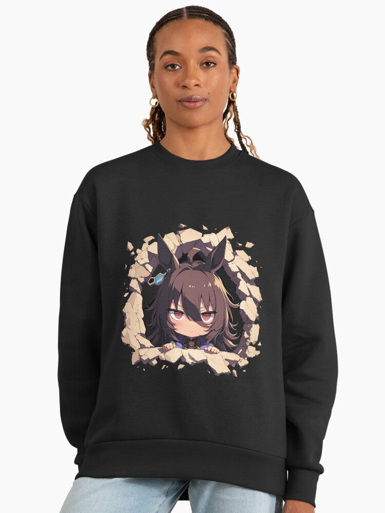 Agnes Tachyon Peeking Chibi Sweatshirt, Kawaii Uma Musume Anime Top Black
