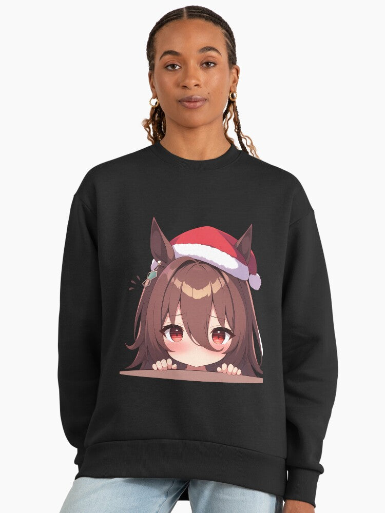 Agnes Tachyon Chibi Christmas Sweatshirt, Kawaii Anime Oversized Top Black