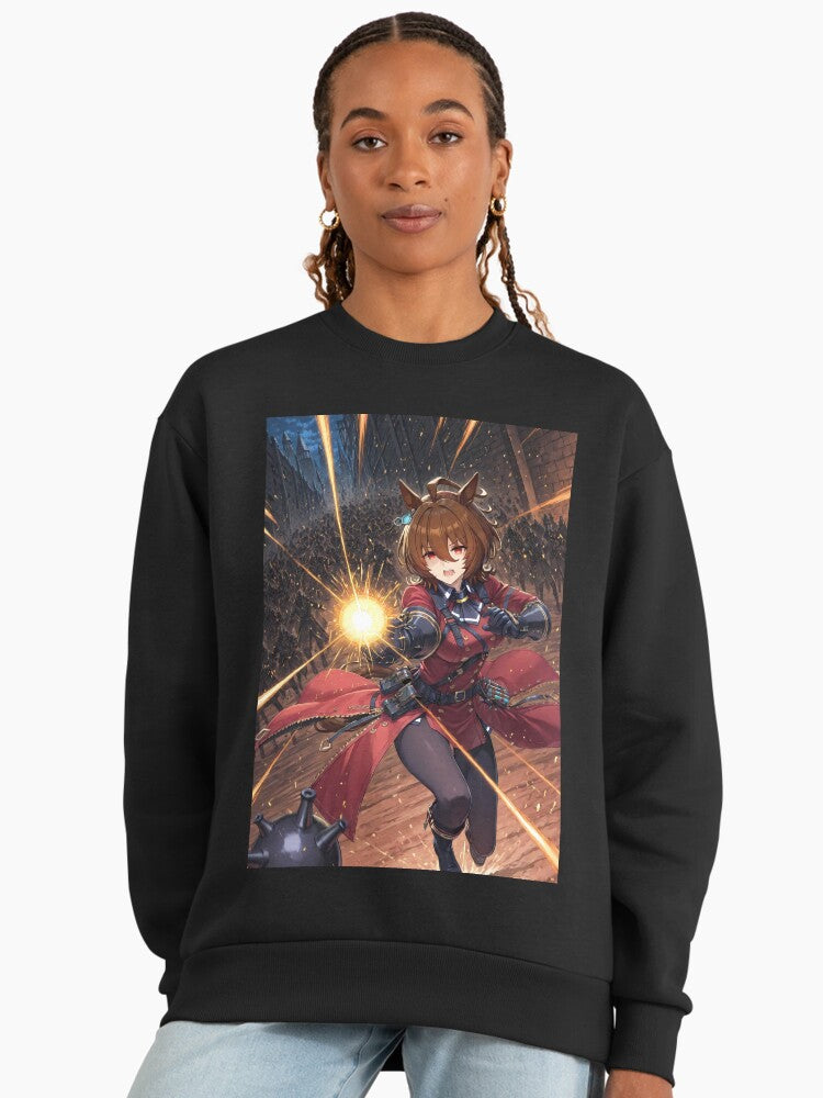 Agnes Tachyon Fiery Battle Sweatshirt, Uma Musume Action Scene Top Black